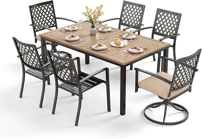 PHI VILLA 7 Pieces Outdoor Dining Set for 6, 65” Wood-Like Steel Table with Umbrella Hole & Fixed/Swivel Chairs Combo with Cushions, Modern Wrought Iron Furniture for Patio, Deck, Yard, Porch