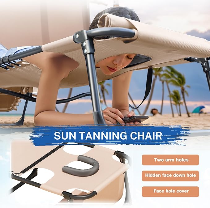 Devoko Beach Lounge Chair, Outdoor Sun Tanning Chair with Face Hole, Heavy Duty Folding Portable Lay Chaise Lounge Chairs for Outside Beach Pool Camping Patio, Beige