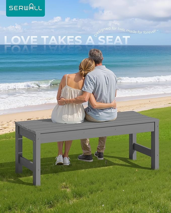 SERWALL 47 Inches Outdoor Bench, All Weather HDPE Backless Bench with Wood Grain Texture for Garden Porch and Park, Curved Bench Seat for Comfort, Grey