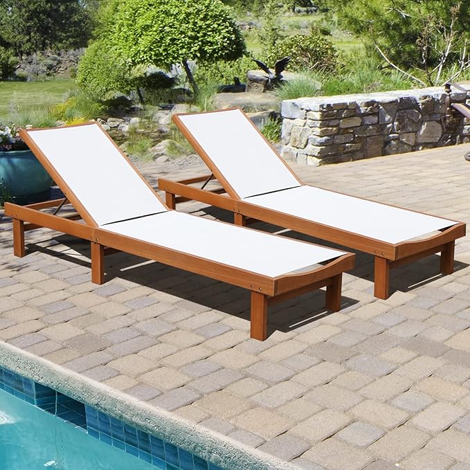 COSTWAY Set of 2 Patio Wood Chaise Lounge Chair, Strong Eucalyptus Wood Frame, 5-Position Adjustable Outdoor Recliner with White Mesh