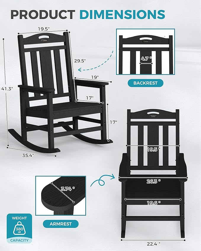 Ciokea Oversized Outdoor Rocking Chairs Set of 4, 380lbs Heavy-Duty Large Patio Rocker, High Back Cozy Porch Chairs, Weather Resistant Patio Rocking Chairs for Outside, Fire Pit, Deck, Black