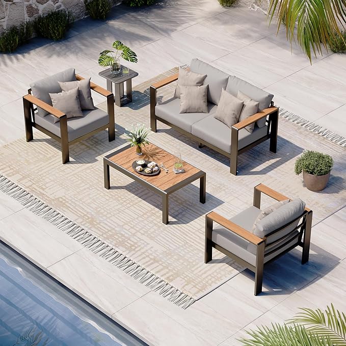 Aluminum Outdoor Patio Furniture Set with Coffee Table, 4 Piece Patio Conversation Sets with Washable Thick Cushions, Patio Sectional Furniture Set for Porch, Balcony, Yard, Gray