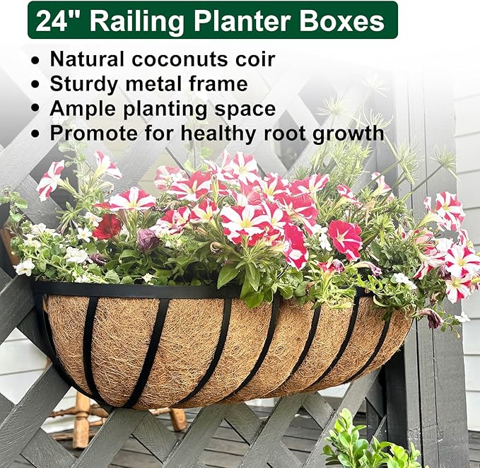 DUNCHATY Railing Planter Window Box - 2 Pack 24" Horse Trough Planter with Coco Fiber Liner - Deck Balcony Rail Planter for Porch Fence Patio Outdoor