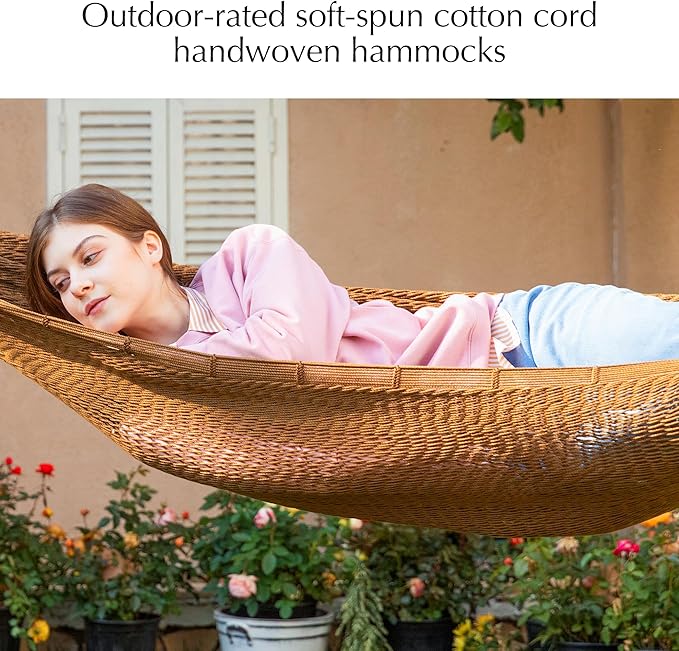 PNAEUT Handwoven Mayan Hammock, Thick Soft Rope Double Hammock for Outdoor Outside & Indoor, 600 lbs Capacity Heavy-Duty, Includes Tree Straps, Carabiners & Carrying Bag (Desert, X-Large)