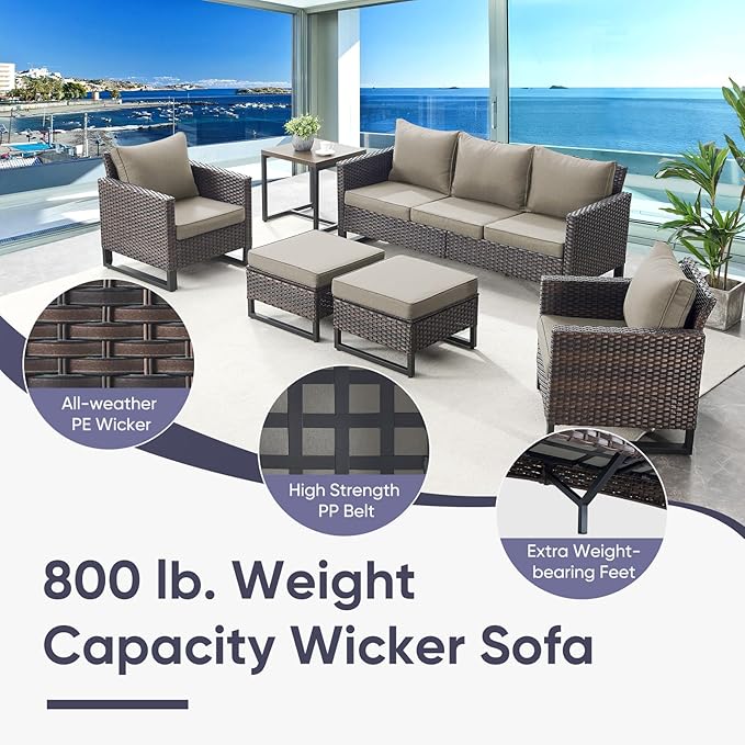 Belord 7 Pieces Patio Furniture Set with Fire Pit Table: Wicker Patio Conversation Set with Outdoor Swivel Glider Rocker Patio Couch Metal Side Table, All Weather Brown Rattan