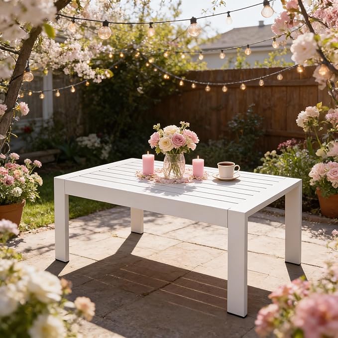 All-Weather Aluminum Outdoor Coffee Table, Modern Coffee Table for Outside, Rectangle Patio Coffee Table for Balcony Garden, White