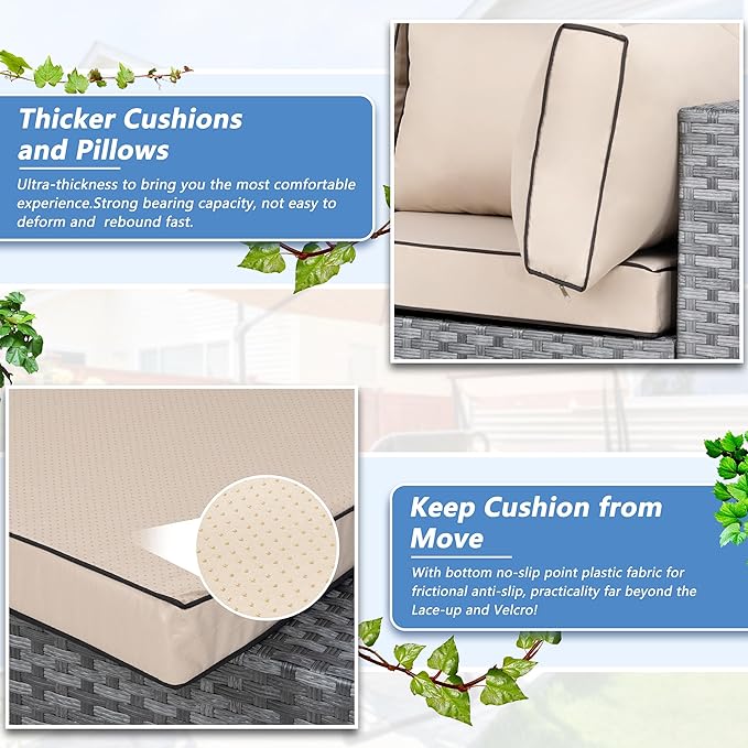 Shintenchi 7 Pieces Outdoor Patio Sectional Sofa Couch, Silver Gray PE Wicker Furniture Conversation Sets with Washable Cushions & Glass Coffee Table for Garden, Poolside, Backyard (Khaki)