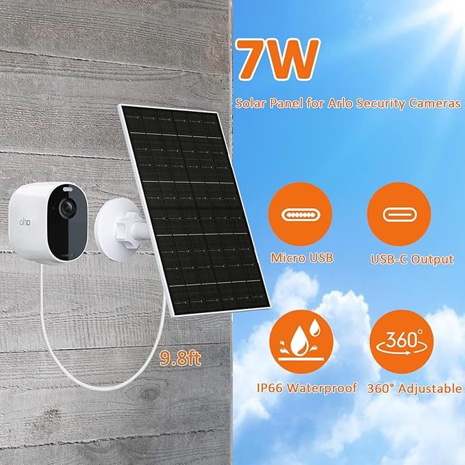 7W Solar Panel for Arlo Essential 2K (2nd Gen), Essential XL & Spotlight Cameras, USB-C Solar Charger for 5V Battery Cameras, IP66 Waterproof, 360° Adjustable Mount, 9.8ft Cable, 2 Pack
