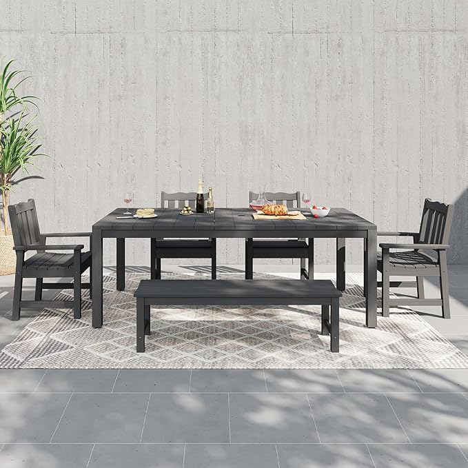 Stoog 6 Pieces Outdoor Patio Dining Set, All-Weather Dining Table and Chairs Set with Bench for 6 People, Outdoor Furniture Set with 2" Umbrella Hole for Garden, Backyard and Lawn, Grey