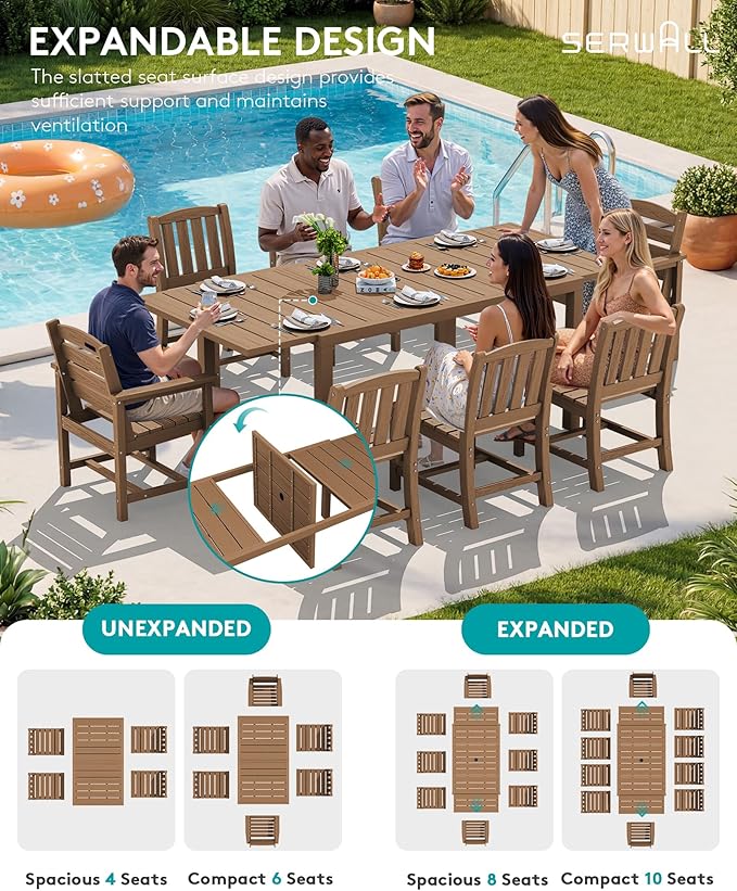 SERWALL 11-Piece Outdoor Dining Set, 60" - 83" Expandable Outdoor Dining Table and 10 HDPE Chairs, All Weather HDPE Outdoor Furniture Set for Backyard, Garden, Brown