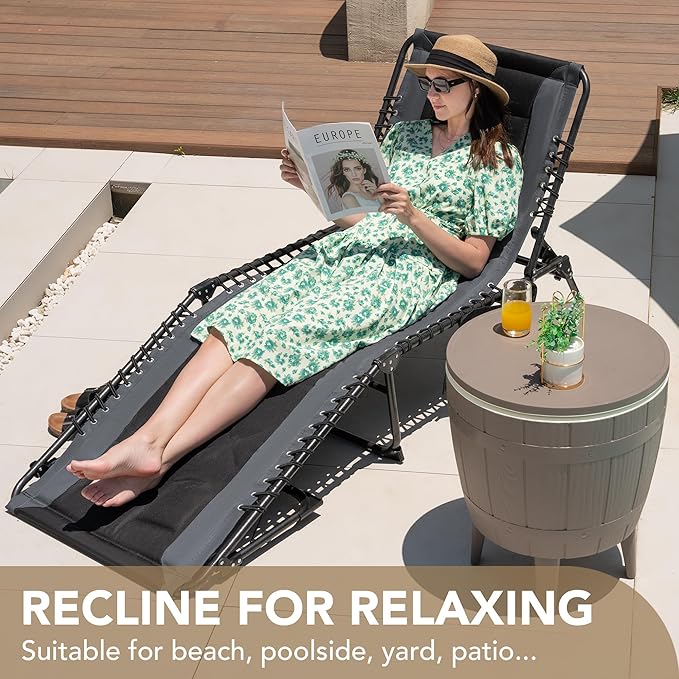 Devoko 4-Fold Padded Portable Folding Outdoor Chaise Lounge Heavy Duty Reclining Chair with Pillow & Side Pocket for Patio, Beach, Pool, Camping, Sunbathing (Gray)