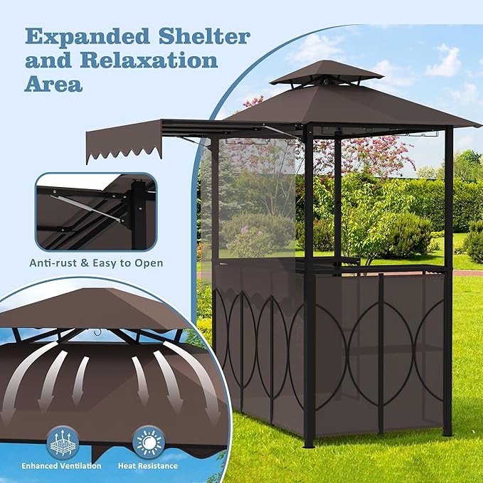 Outdoor Grill Gazebo with Patio Bar Set, Double-Tier BBQ Shelter with Side Awning, Complete Set Includes 2 Foldable Stools, U-Shaped Storage, Glass Holders & Hooks for Yard, Poolside, Garden
