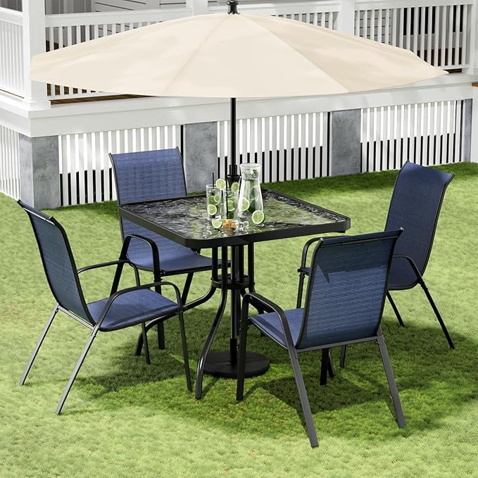 Arlopu 5 Piece Outdoor Patio Dining Set (Umbrella not Included), Porch Furniture with 4 Textline Chairs, 1 Square Glass Table for Garden, Backyard and Poolside, Lawn (Navy Blue)
