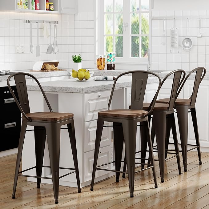 Yongqiang 26 inch Bar Stools Set of 4 Kitchen Counter Height Bar Chairs Modern Farmhouse High Back Metal Barstools with Large Wooden Seat Rusty
