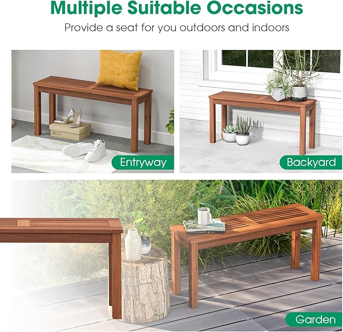 Tangkula Patio Wood Bench, 2-Person Solid Wood Bench with Slatted Seat, 39.5” Long Loveseat with Stable Wood Frame, Indoor Outdoor Dining Bench for Backyard, Poolside, Entryway (2)