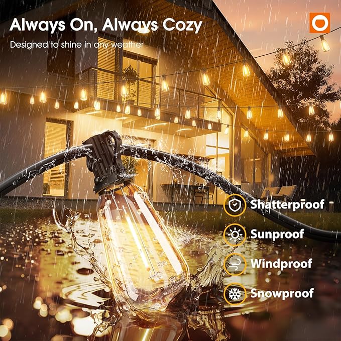 addlon 200FT Smart Outdoor String Lights with APP Control, Waterproof Patio Lights ETL Listed with Shatterproof Dimmable ST38 LED Bulbs Connectable Outdoor Lighting for Backyard Bistro Garden Bistro