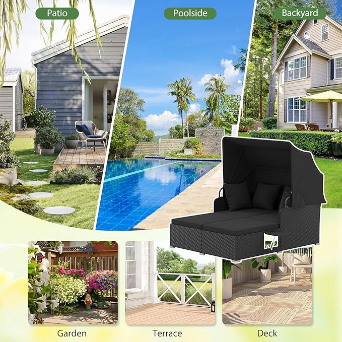 ORALNER Outdoor Daybed, 2-Person Wicker Patio Sofa with Retractable Canopy, Cushions & Pillows, 2 Side Trays, PE Rattan Double Sunbed Lounger for Deck Poolside Garden Balcony (Black)