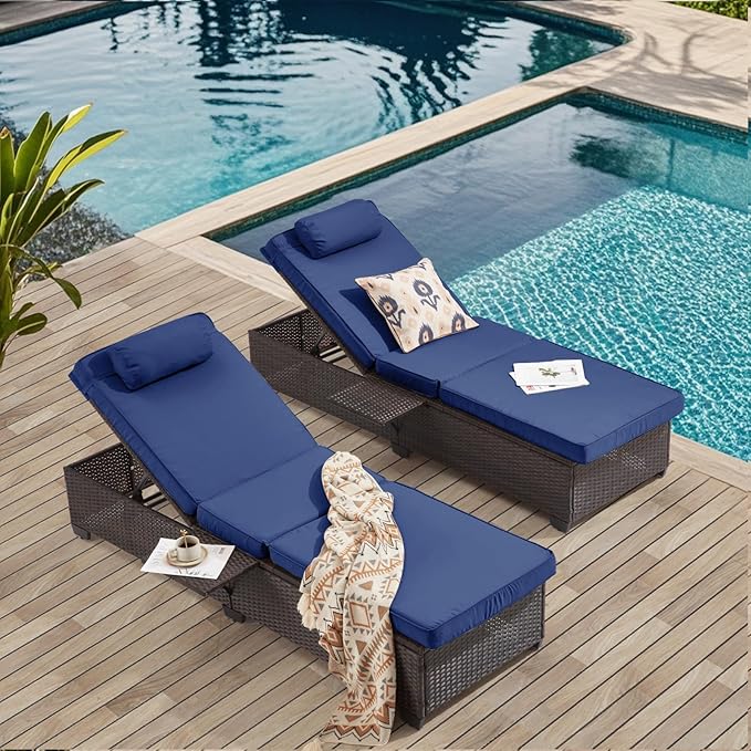 Outdoor Lounge Chairs, Pool Lounge Chairs Set of 2, Outdoor Chaise Lounge with Adjustable Backrest & Cup Holder,Light Navy Blue Cushion