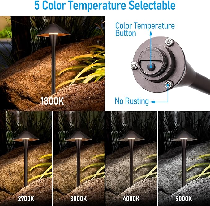 LEONLITE 5CCT Low Voltage Pathway Lights, LED Landscape Path Lights, 1800/2700/3000/4000/5000K, Hexagon Head, 12-24V AC/DC, IP65 Outdoor Walkway Light, Oil Rubbed Bronze Aluminum, Pack of 6