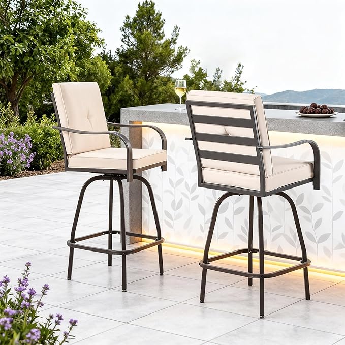 Patio Swivel Bar Stools, Outdoor Bar Height Swivel Chairs Set of 2 with Cushion & All Weather Steel Frame for Backyard, Lawn, Poolside and Balcony, Beige