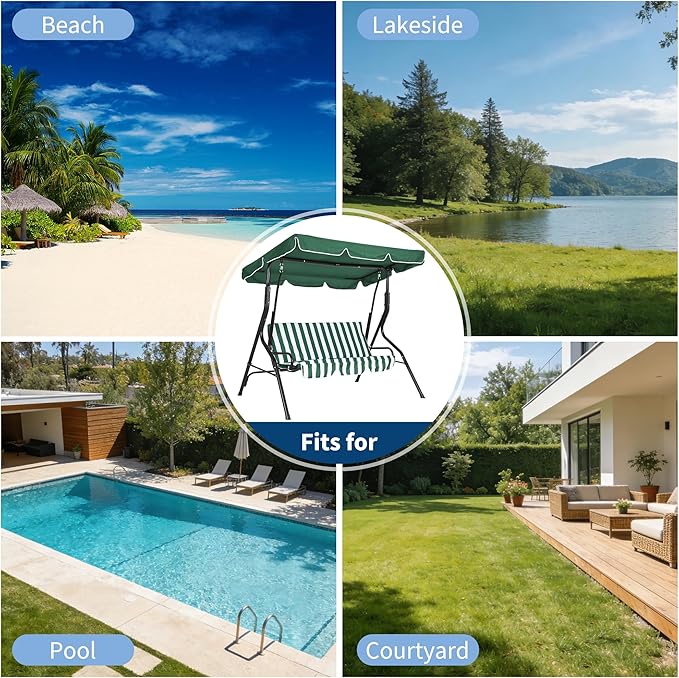 Outdoor Porch Swing Chair with Adjustable Canopy & Striped Seat Cushion for Adults 3-Seat Patio Glider Bench with Thick Cushions Steel Frame Outdoor Swing Chair for Backyard Lawn Garden Green