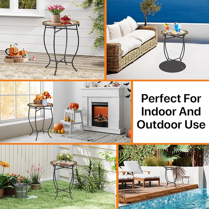 Metal Indoor Outdoor Side Table,14" Diameter Round Plant Stand for Flower Pots Vase Home Decor, Weather Resistant Patio Accent Table Plant Stand for Indoor Outdoor Use, Easy Assemble