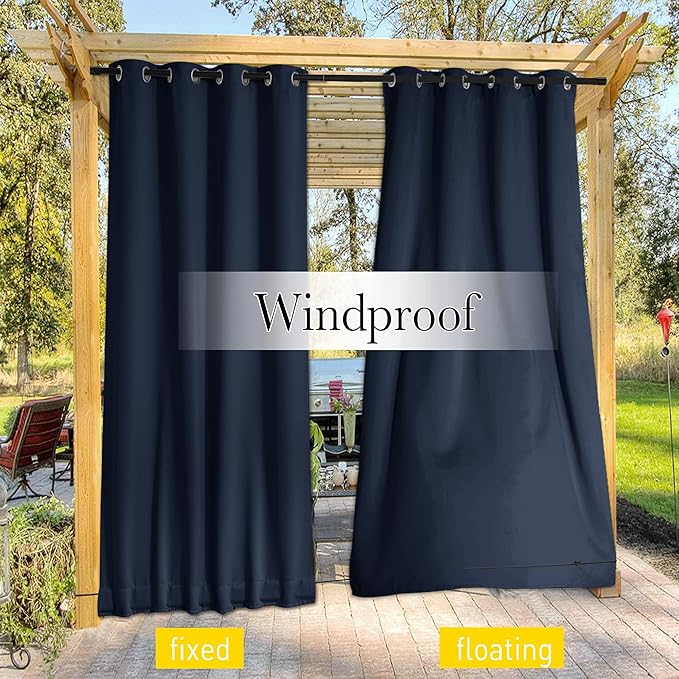 NICETOWN 2 Panels Outdoor Curtains for Patio, Waterproof & Windproof Grommet & Back Tab on Top & Bottom Thermal Insulated Sun Blocking Privacy Drapes with Rope for Pergola, Navy Blue, W100 x L84