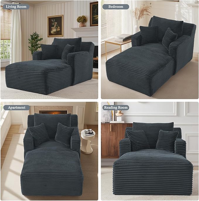 65.4" Chaise Lounge Chair Indoor, Oversized Boneless Couch Comfy Upholstered Sleeper Sofa Bed with 3 Pillows, Corduroy Cloud Reading Chair for Living Room No Assembly Required, Dark Grey