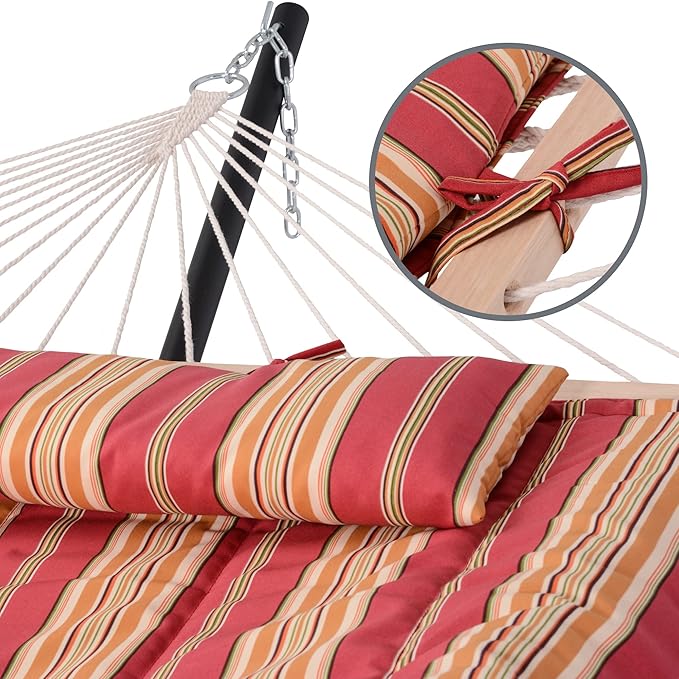SUNCREAT Two Person Rope Hammock with Pad, Hanging Tree Double Hammock with Large Pillow, Hardwood Spreader Bar, Red Stripe