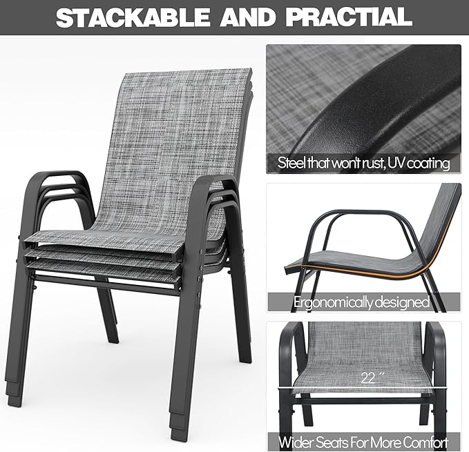 Patio Chairs Set of 4, Stackable Outdoor Dining Chairs for All Weather Textilene Fabric & Metal Frame, Outdoor Chairs Set for Backyard Deck Garden