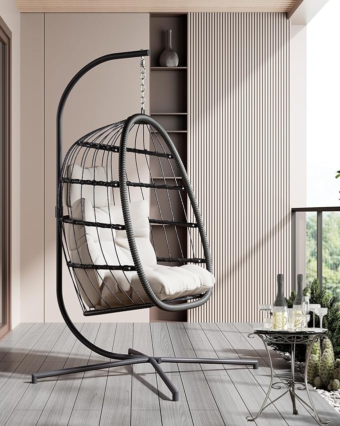 FREDEES Egg Swing Chair with Stand, Outdoor Hanging Egg Chair with Cushion for Patio/Porch/Balcony/Indoor (Beige)