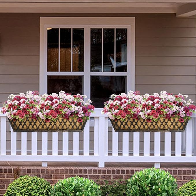 6 Pack 24 Inch Window Boxes Planters Railing Planter Box with Adjustable Brackets for Porch Fence Patio Balcony Hanging Flower Baskets with Coco Liners for Outdoor Garden Decor - Bronze
