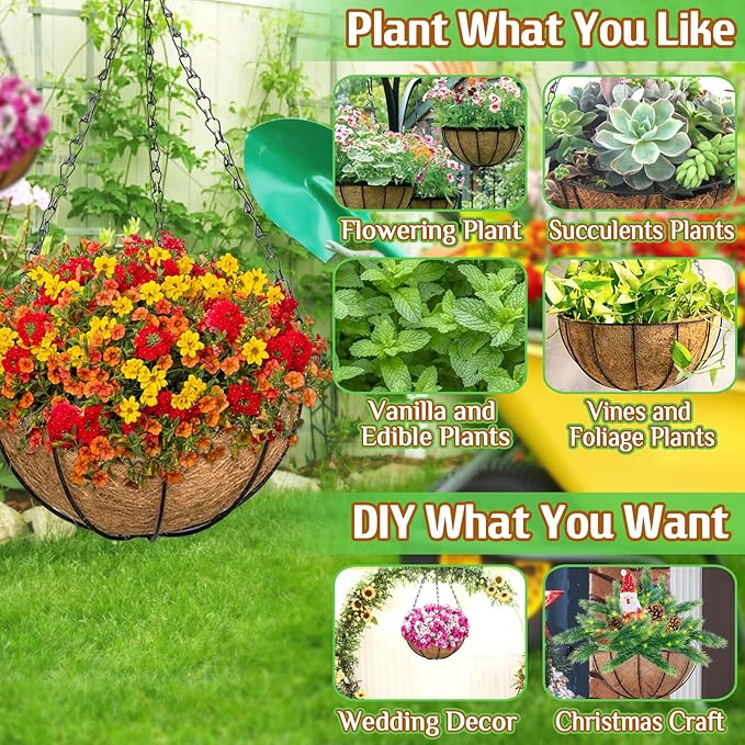 ZeeDix 6 Pack 10 Inch Metal Round Hanging Planter Basket with Coconut Liners Replacement, Hanging planters Baskets with Natural Coco Liner for Outdoor Indoor Planters Flowers Vegetables