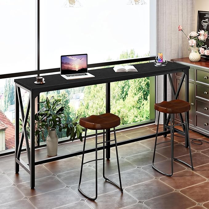 63'' Bar Table, Kitchen Dining Table with Power Outlet and Footrest, Industrial Style, for Pub, Living Room, Black TBT07UBB