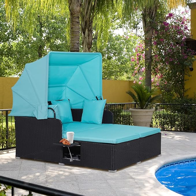 RELAX4LIFE Patio Outdoor Daybed with Canopy, Wicker Sunbed w/Cushions, 4 Pillows & 2 Retractable Side Trays, 2-Person Lounge Bed Conversation for Poolside Porch Garden, Rattan Outdoor Bed (Turquoise)
