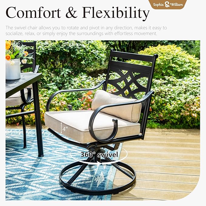 Sophia & William Swivel Patio Dining Set for 6 | Outdoor Table and Chairs | Removable Seat Cushions | 64" Metal Tabletop with Wood Texture