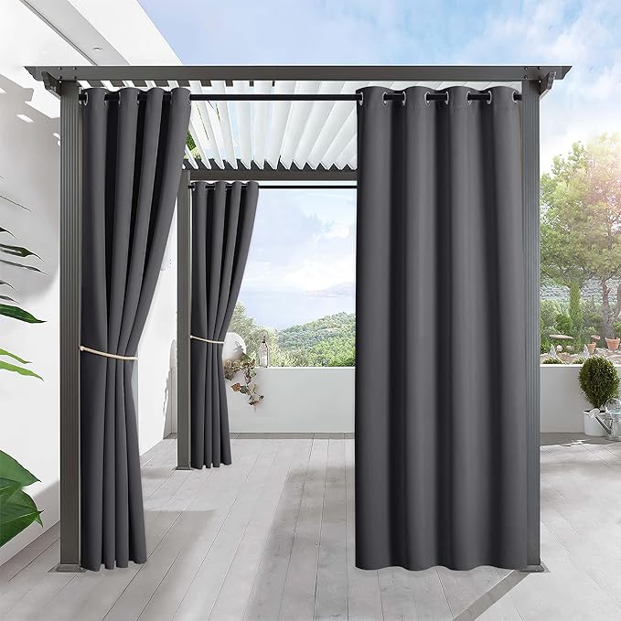 RYB HOME Outdoor Curtains for Patio Waterproof Block Sunlight Thermal Insulated Privacy Assured Thick Outside Curtains for Pergola, Deck, Gazebo, W52" x L120", Grey, 1 Panel