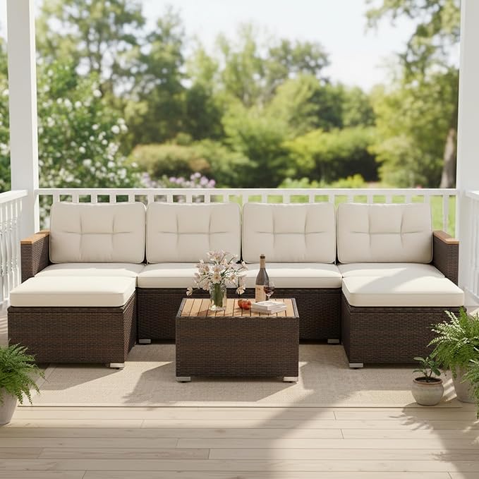 Tangkula 7 Pieces U Shape Outdoor Furniture Set, Patio Rattan Cushioned Chairs & Coffee Table Set, Outdoor Sectional Conversation Sofa with Wood Armrests & Tabletop for Backyard, Porch, Balcony