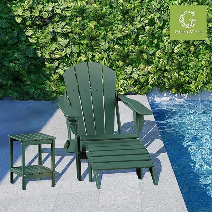 GREENVINES Adirondack-Outdoor-Side-Table | Set of 2 | 14 x 13 Inches | HDPE Plastic | All Weather | Forest Green | Outside End Tables | Storage Shelf | for Patio Porch Backyard Indoor