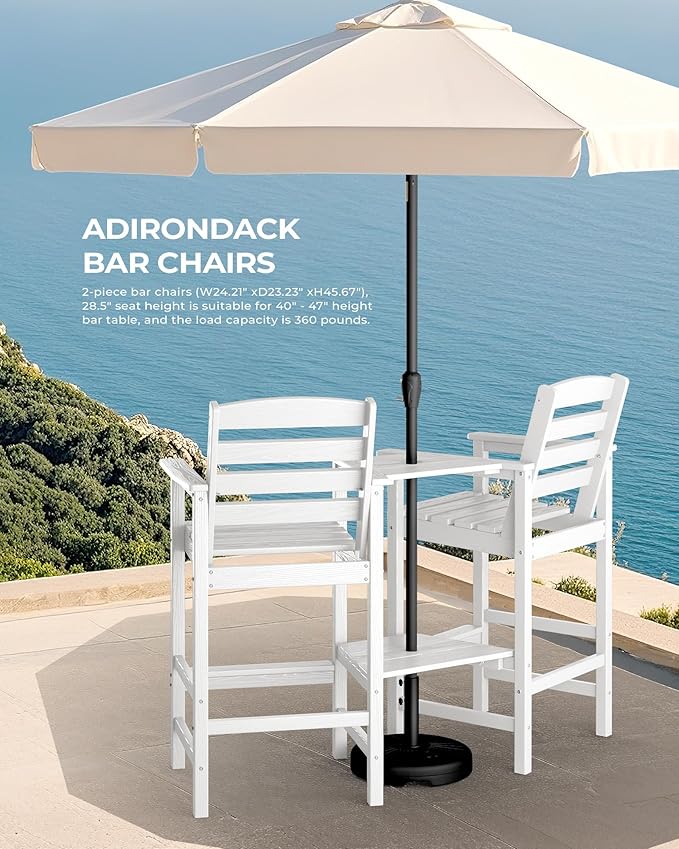 SERWALL Tall Adirondack Chairs Set of 2 with Connecting Table, Balcony Adirondack Chairs Set, Outdoor Bar Height Barstools Chair Set for Bistro, Poolside, Garden, White