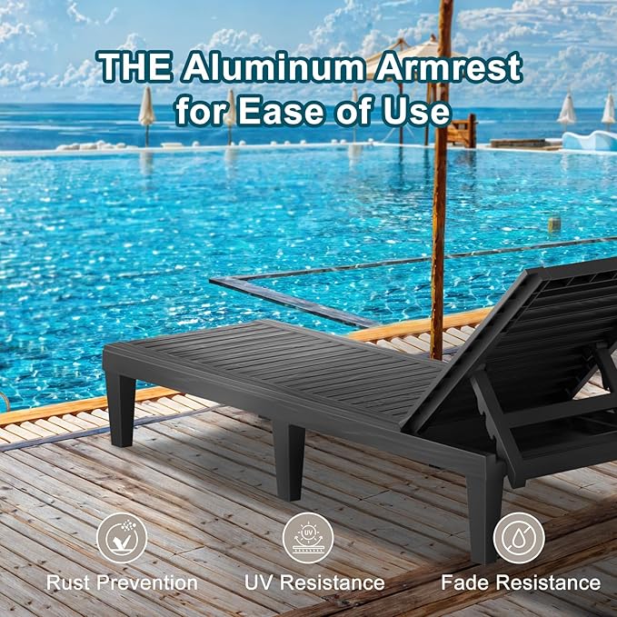 ROJIK Outdoor Chaise Lounge Chair with 5-Position Adjustable Backrest,Waterproof & Lightweight | Durable Indoor/Outdoor Patio Lounger Chair for Garden Pool Beach(Single, Black)
