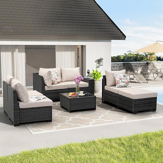 Jing's Villa 7-Piece Patio Furniture Set, All-Weather Outdoor Wicker Sectional Sofa with Cushions, Tempered Glass Table & Ottoman, Rattan Conversation Seating for Porch, Garden, Backyard,Beige