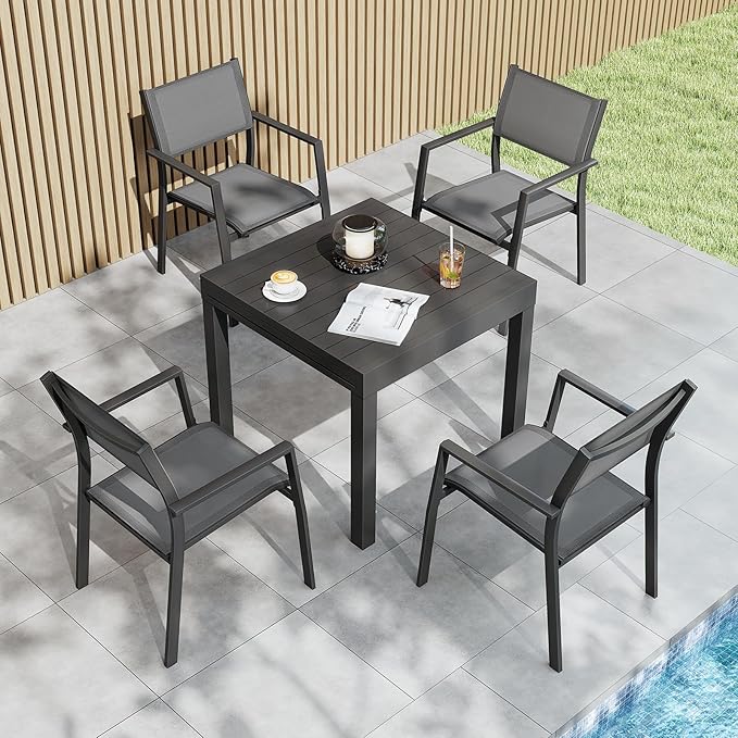 5 Pieces Outdoor Dining Set, Never-Rust Aluminum Expandable Patio Dining Table Set, 32"-65" Extendable Dining Table and Stackable Textilene Dining Chairs for Backyard, Deck, Indoor, Black