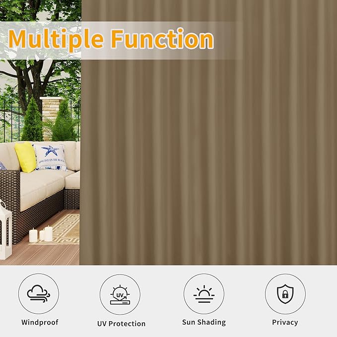 Easy-Going Outdoor Patio Curtains Detachable Tab Top Windproof Weatherproof Curtain for Cabana, Porch, Pergola and Gazebo, Tab Bottom Drape, 2 Panels, 110W x 108L inch, Khaki