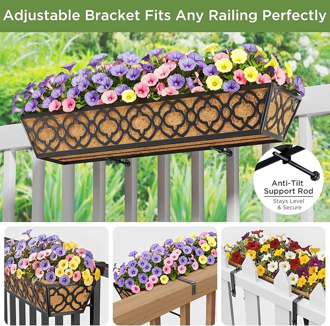Y&M 30 inch Window Planter Box 2Pcs Iron Window Deck Railing Planter with Coco Liner, Metal Horse Troughs Fence Planter for Outdoor Balcony Rail Fence Porch Patio