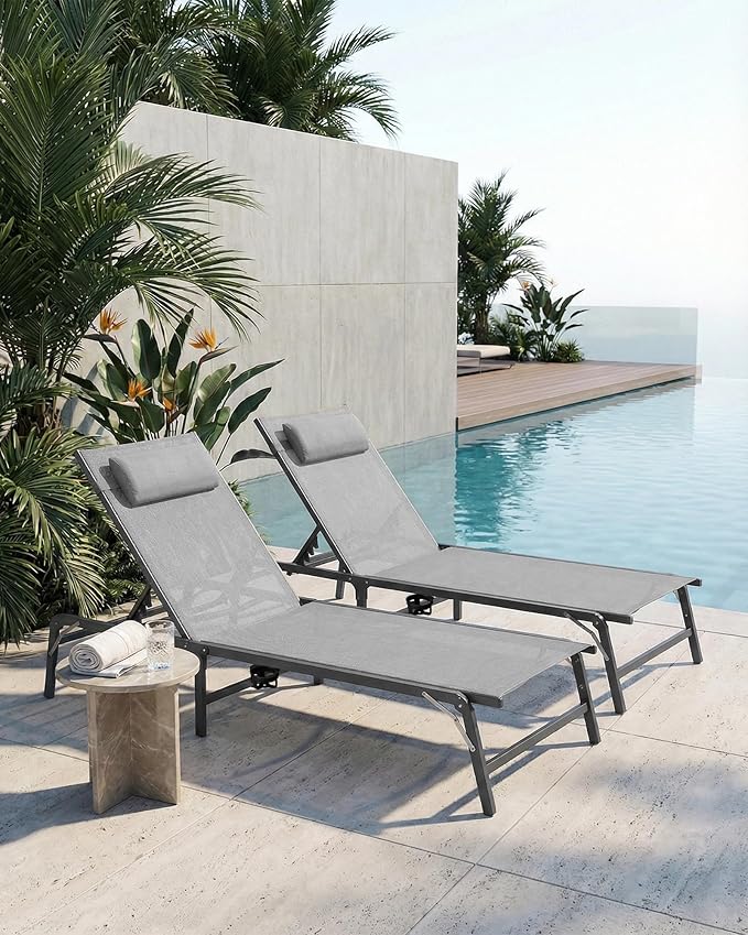 4 Pack Foldable Chaise Lounge Chair with Cup Holder, Assemble-Free Outdoor Lounge Chair with Detachable Pillow and 6 Adjustable Backrest, Patio Lounge Chair for Outside Poolside Beach Pool, Grey