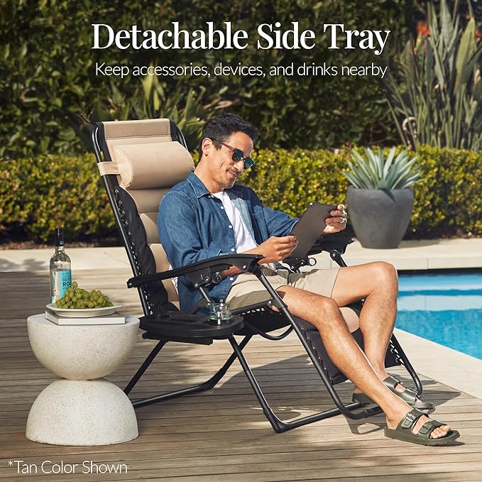 Best Choice Products Oversized Padded Zero Gravity Chair, Folding Outdoor Patio Recliner, XL Anti Gravity Lounger for Backyard w/Headrest, Cup Holder, Side Tray, Polyester Mesh - Navy/Gray