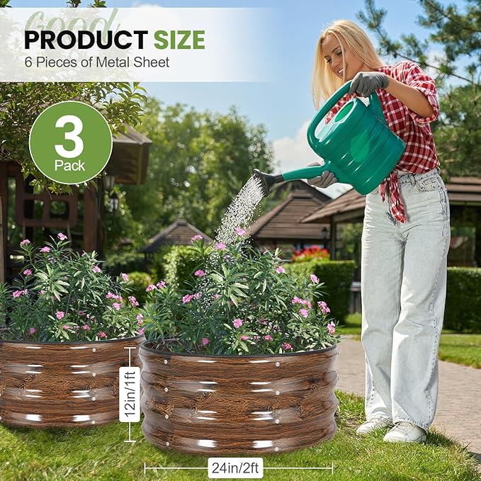 G GOOD GAIN Round Raised Garden Bed - 3Pcs 2x2x1ft Galvanized Steel Planter Boxes Outdoor with Rubber Edge Trim | Metal Raised Beds for Gardening Vegetables Flowers Fruits Herbs (Wood Grain)