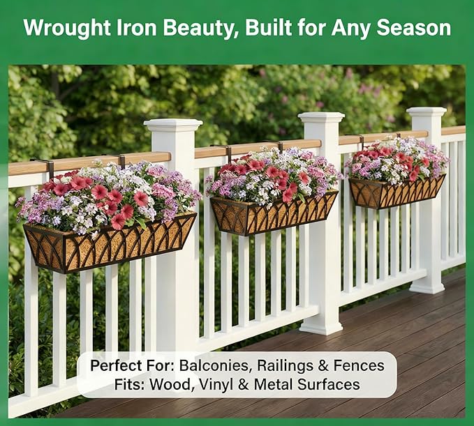 30 Inch Window Deck with Coco Liner, Fence Metal Hanging Flower Planter Window Basket Deck Railing Planter Boxes for Outdoor Garden Lawn，30" Window Boxes Horse Trough with Coconut Coir Liner, 4pcs