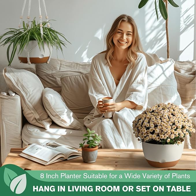 montresor Set of 2-8 Inch Hanging Planters for Indoor Plants with Self-Watering Includes Hanging Pots for Plants, Outdoor Plant Pot with Drainage, and 2 Types of Hanging Baskets Hangers (White)